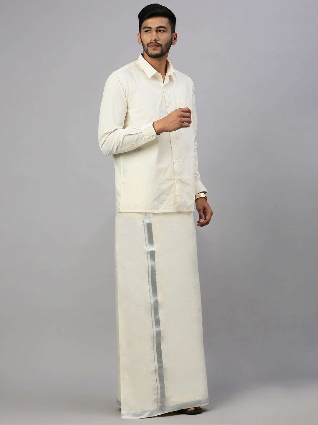 Men Cream 1"Silver Jari Border Double Layer Dhoti Light Silver