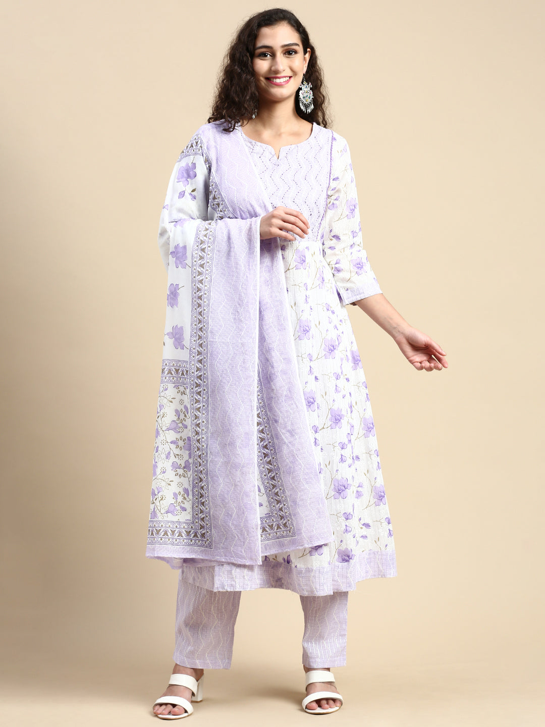 Womens Lavender with White Printed & Embroidered Kurti Set PKS09-Front view