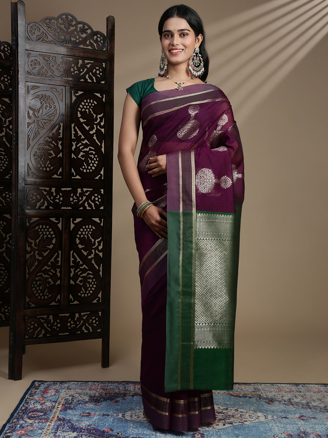 Women Kora Cotton Dark Purple Saree SK129