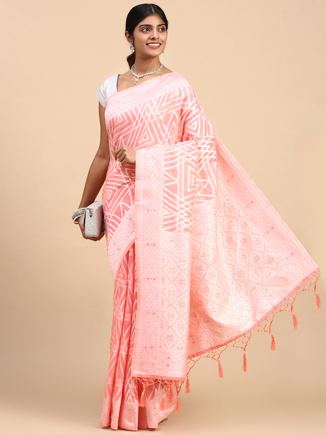 Women Semi Cotton Printed Saree Pink SCS109