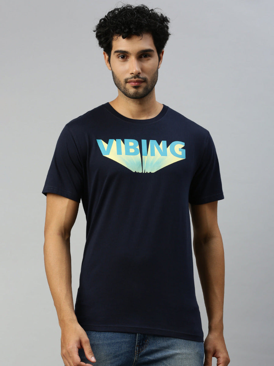 Navy Graphic Printed Round Neck Casual T-Shirt GT49
