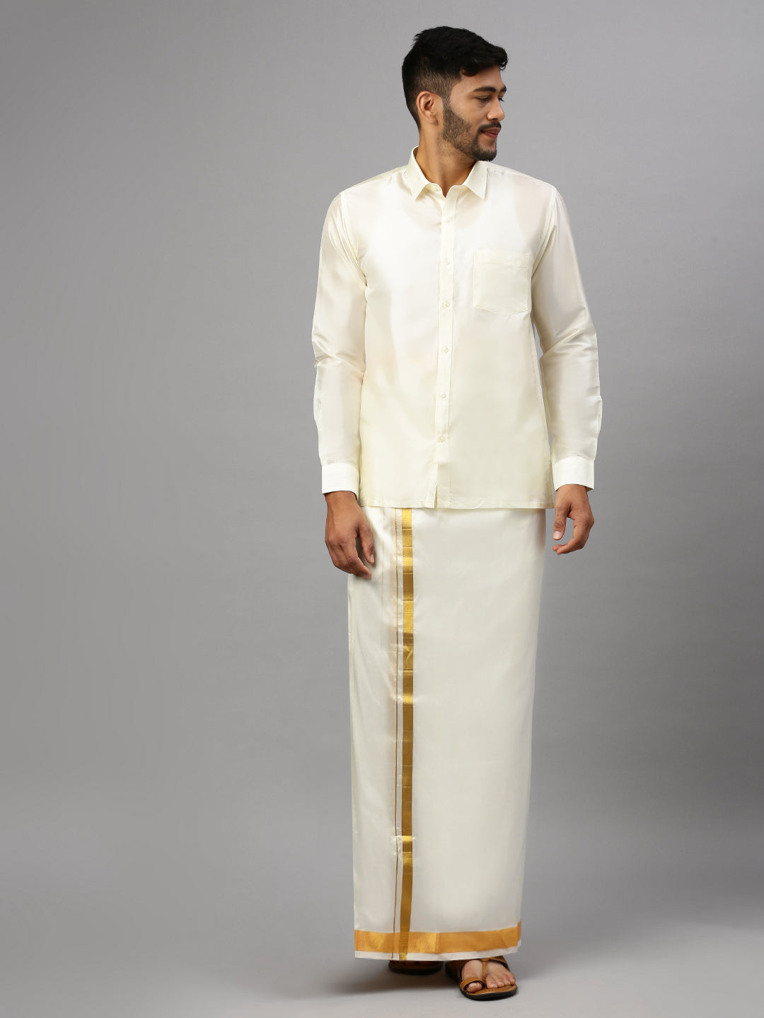 Mens Pure Silk Cream Wedding Set 3/4" Dhoti+Towel+Shirt Bit Rajahamsa