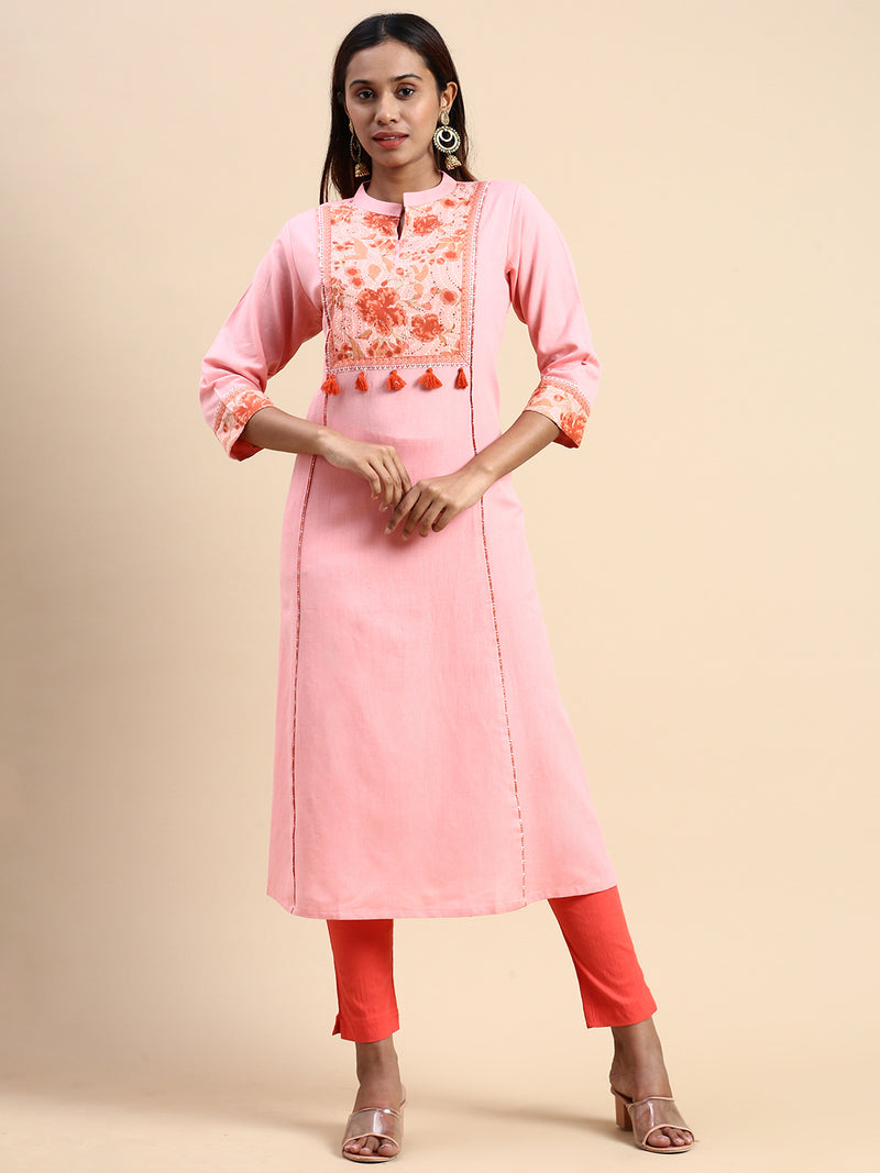 Women Cotton Pink & Brown Collar Neck Straight Cut Printed Kurti PK34