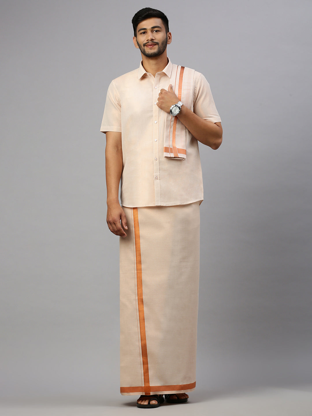 Men Tissue Copper Half Sleeve Shirt Jari Dhoti & Towel Set