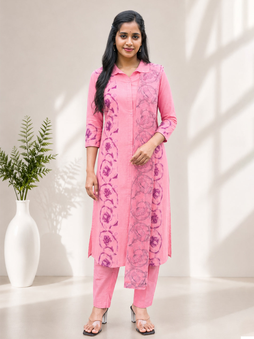 Women Cotton Printed Pink Kurti Set EKS134