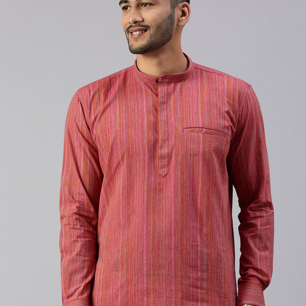 Mens Cotton Multicolor Striped Full Sleeves Short Length Kurta M16