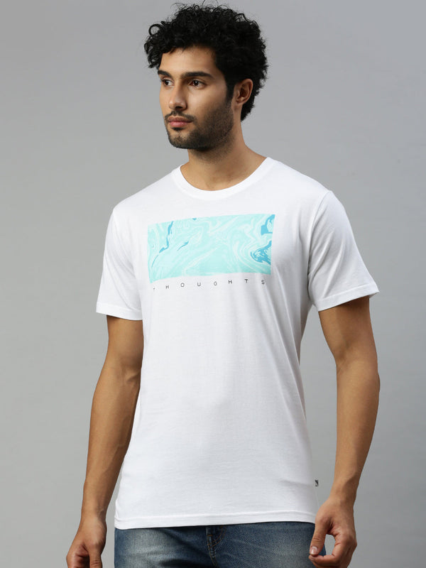 White & Blue Graphic Printed Round Neck Casual T-Shirt GT44