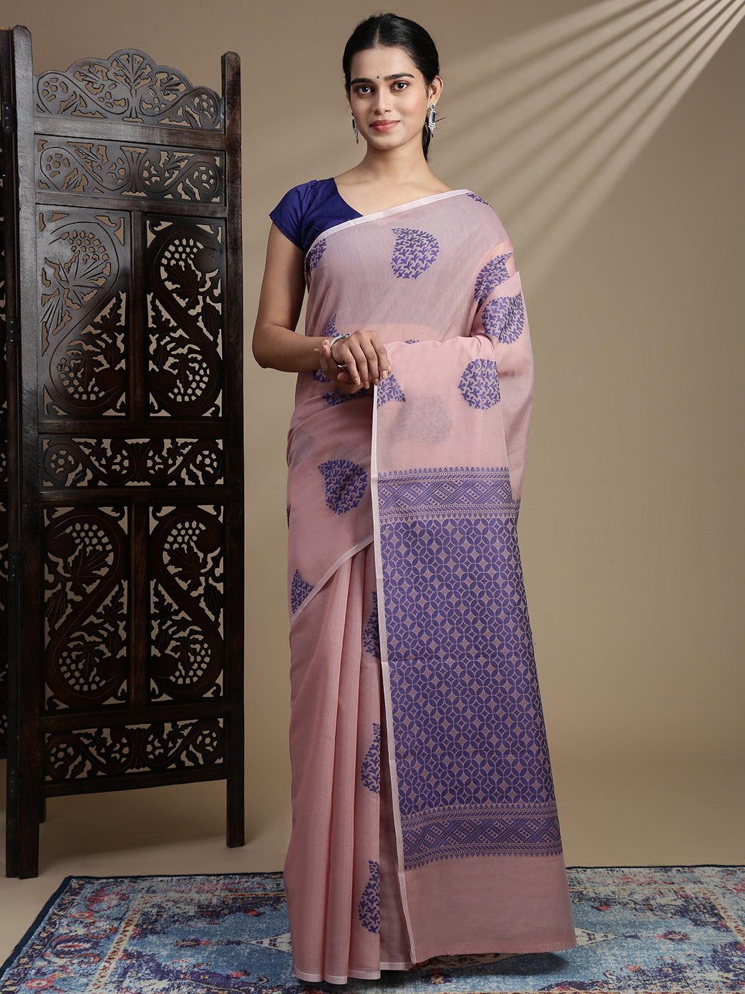 Women Kora Cotton Rose Pink Saree SK115