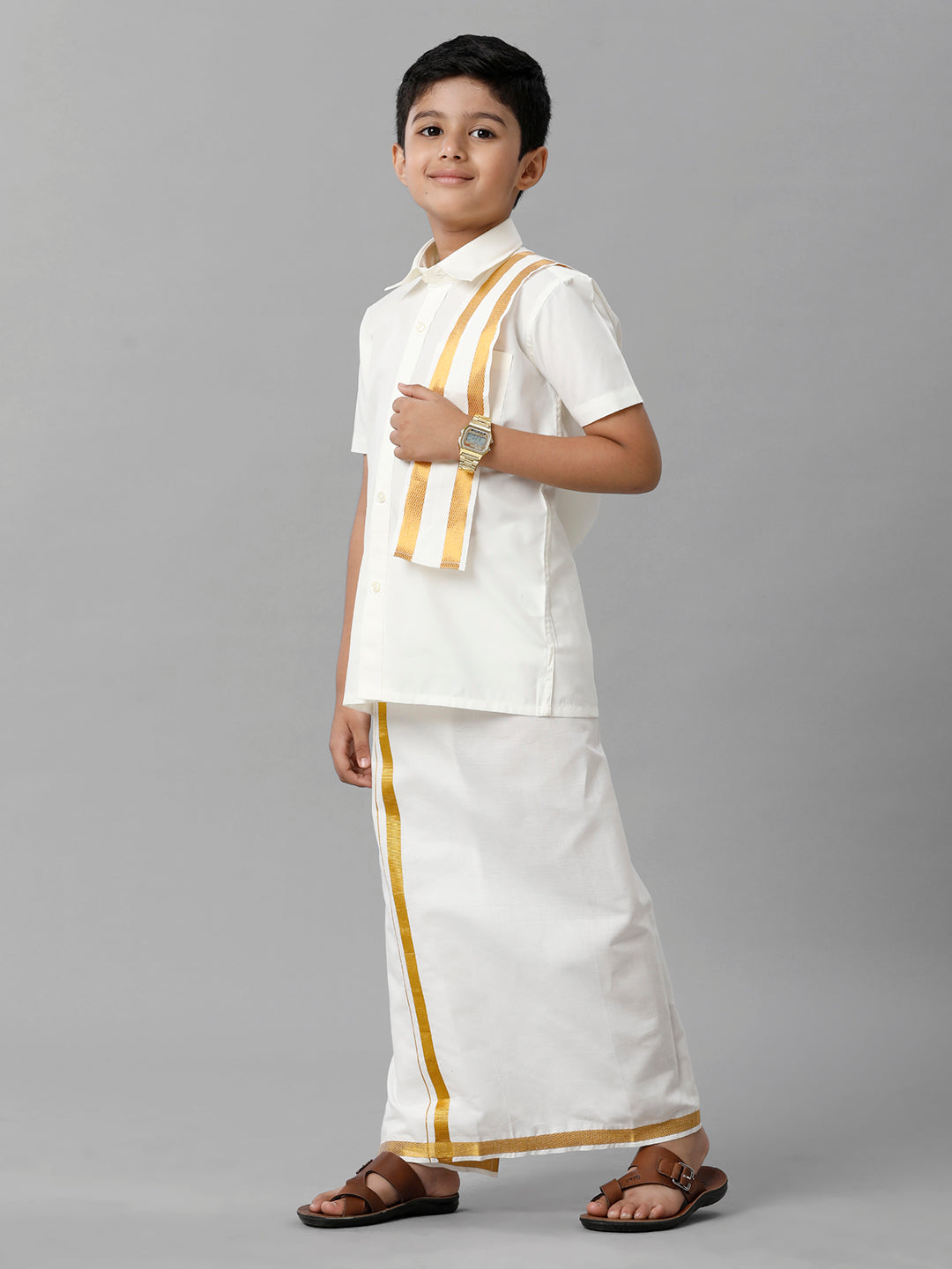 Boys Cotton Cream Half Sleeves Shirt Dhoti with Towel Set-Side alternative view