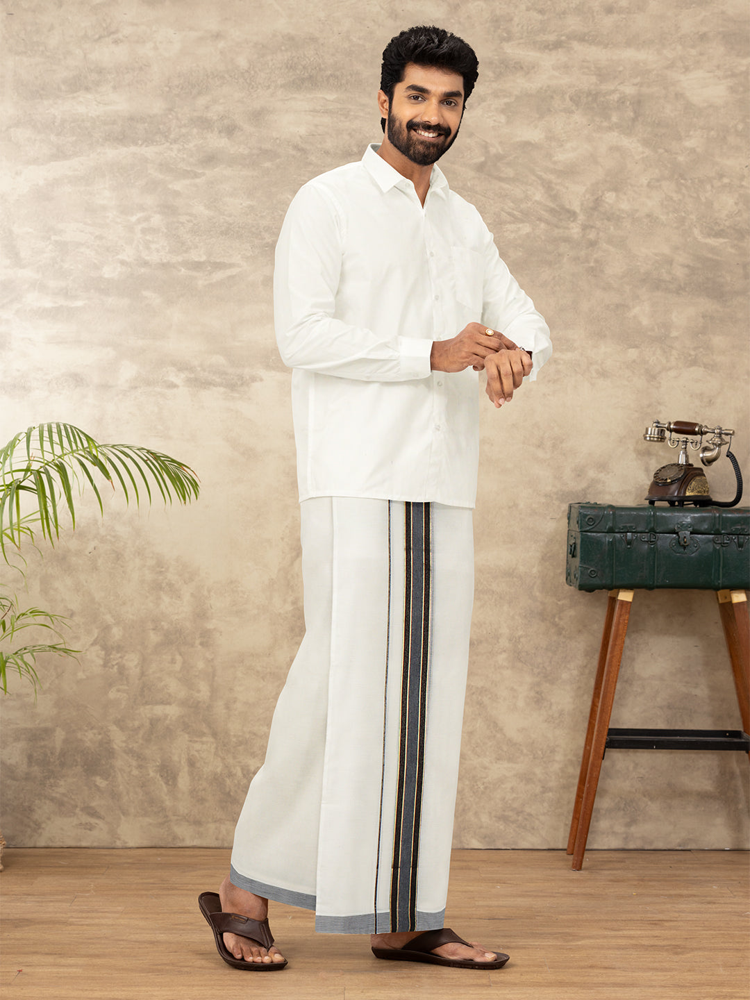 Men Kora Cotton Double Layer Dhoti with Black Fancy Jari Border EGJ21