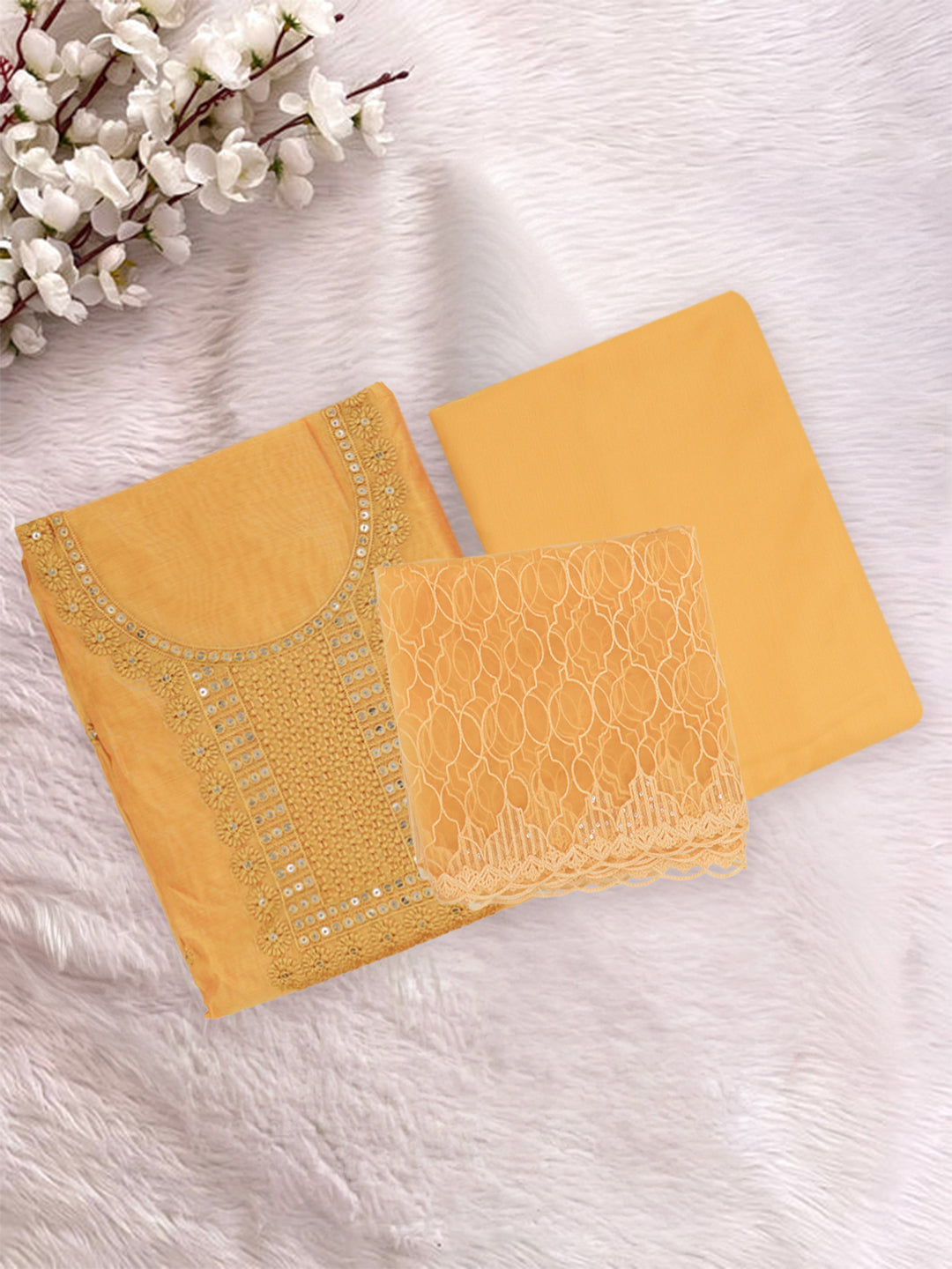 Women Semi Chanderi Embroidered Dress Material  Golden Yellow DM361