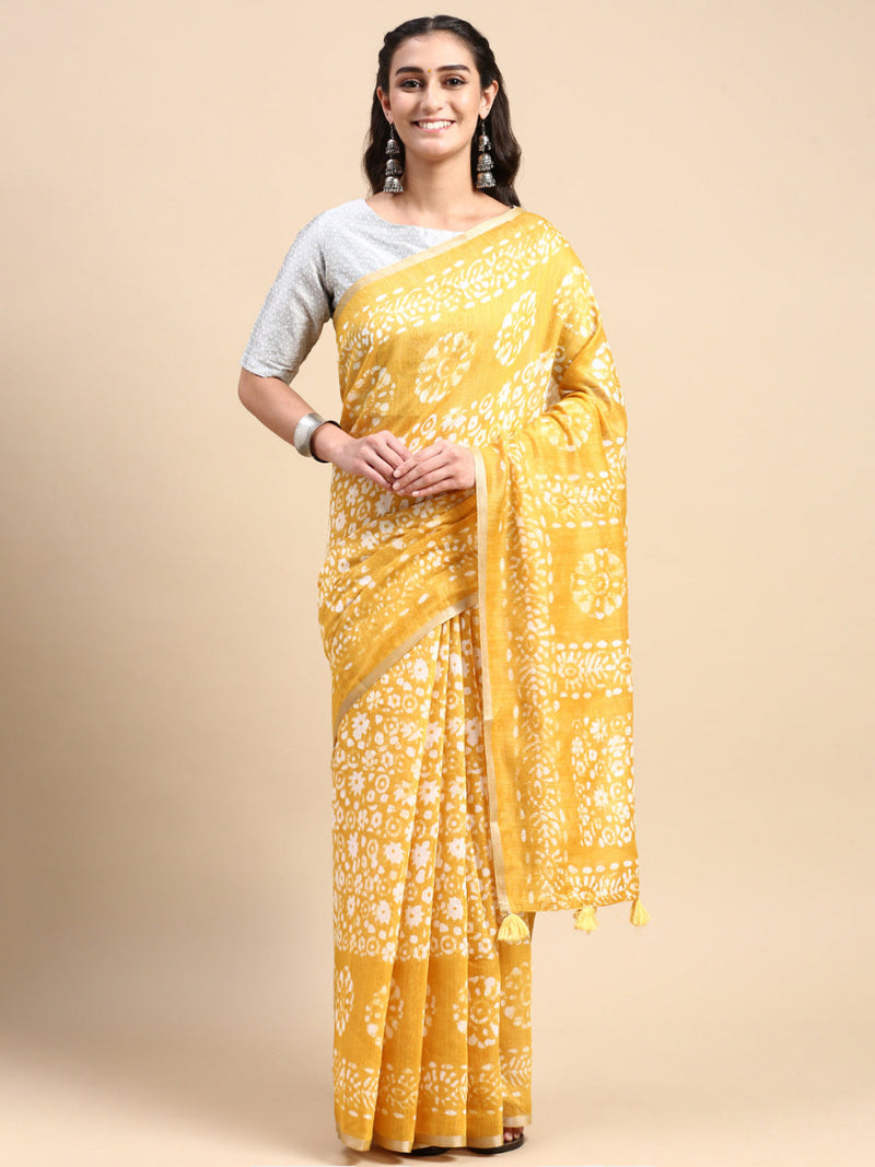Womens Semi Linen Yellow Flower Design Digital Printed Saree SL65