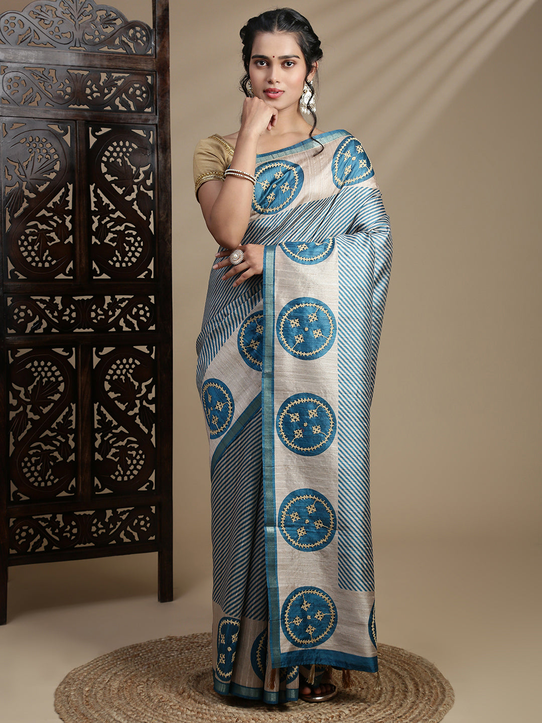 Women Blue with Brown Semi Raw Silk Embroidered Saree SRS113