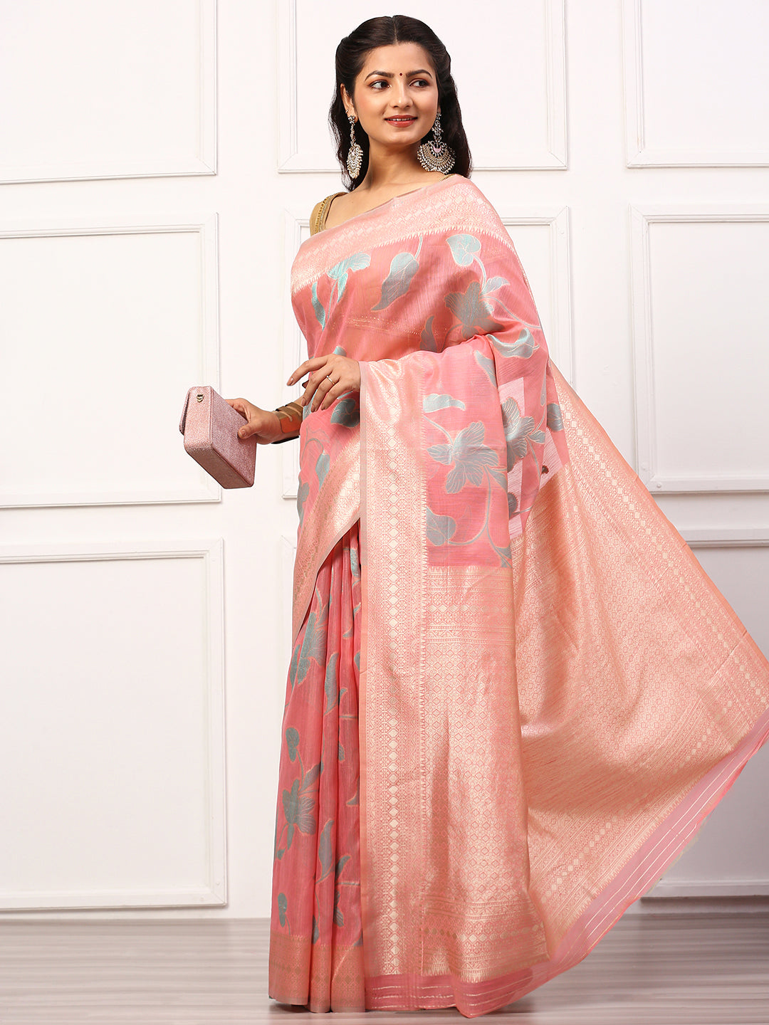 Women Semi Linen Weaving Saree Peach SL135