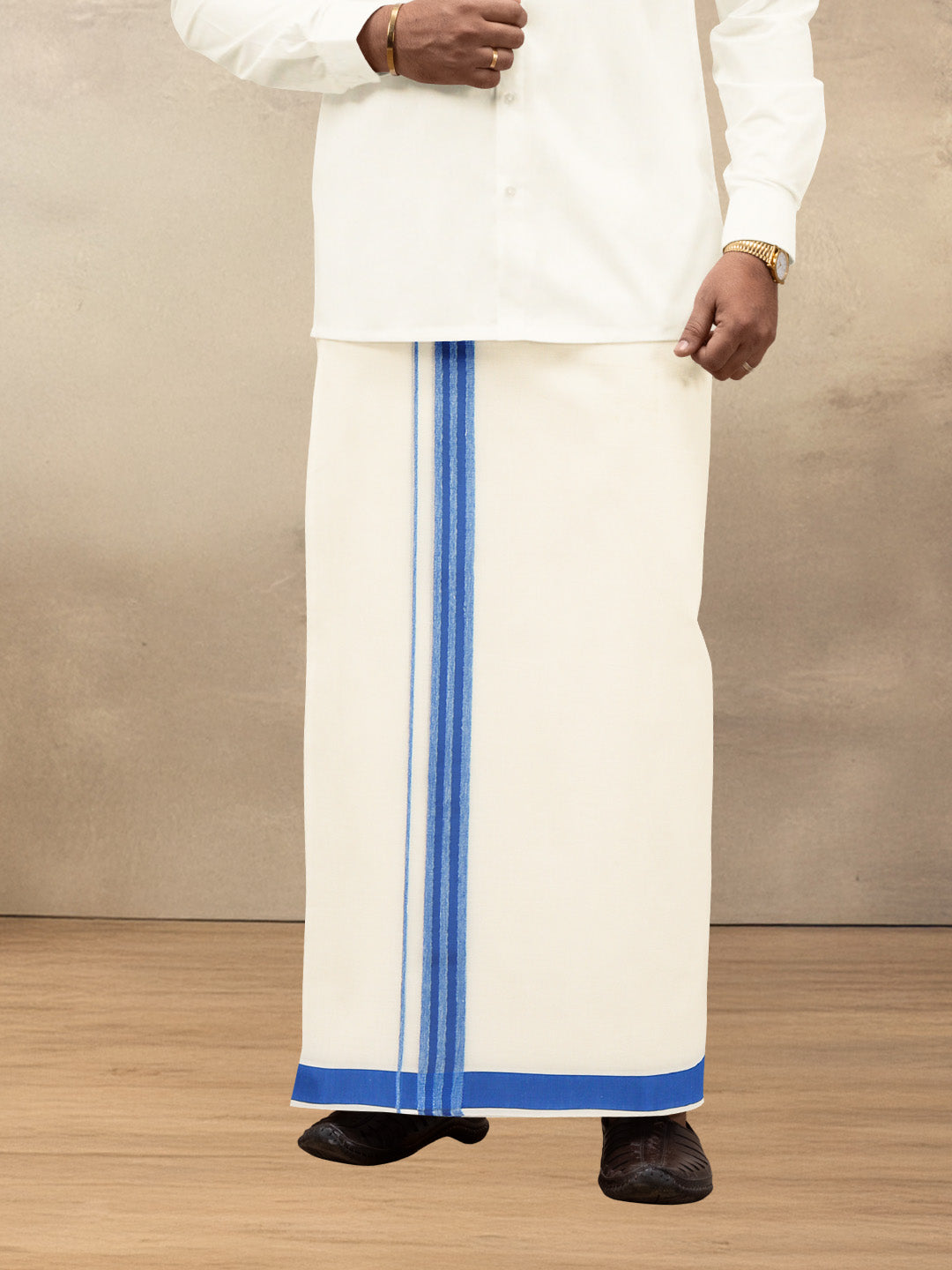Men Kora Cotton Double Layer Dhoti with Blue Fancy Border VKF16