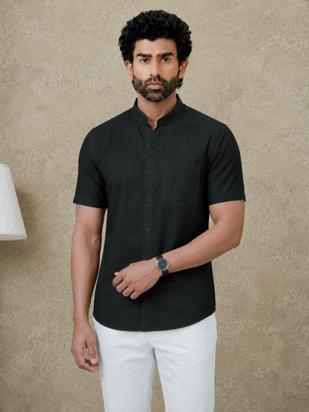 Men Cotton Rich Chinese Collar Shirt Culture Club Black