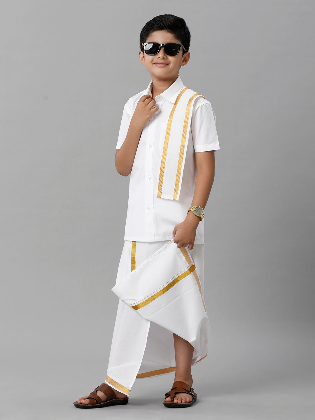 Boys Cotton White Half Sleeves Shirt Dhoti with Towel Set-Side view