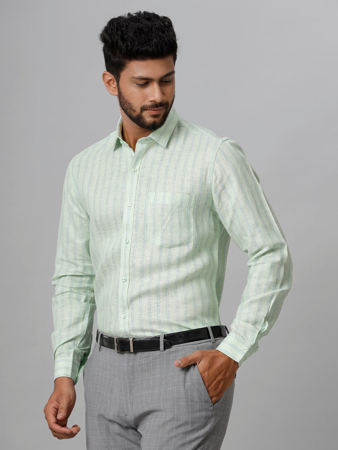 Mens Pure Linen Striped Full Sleeves Pista Green Shirt LS10-Side view