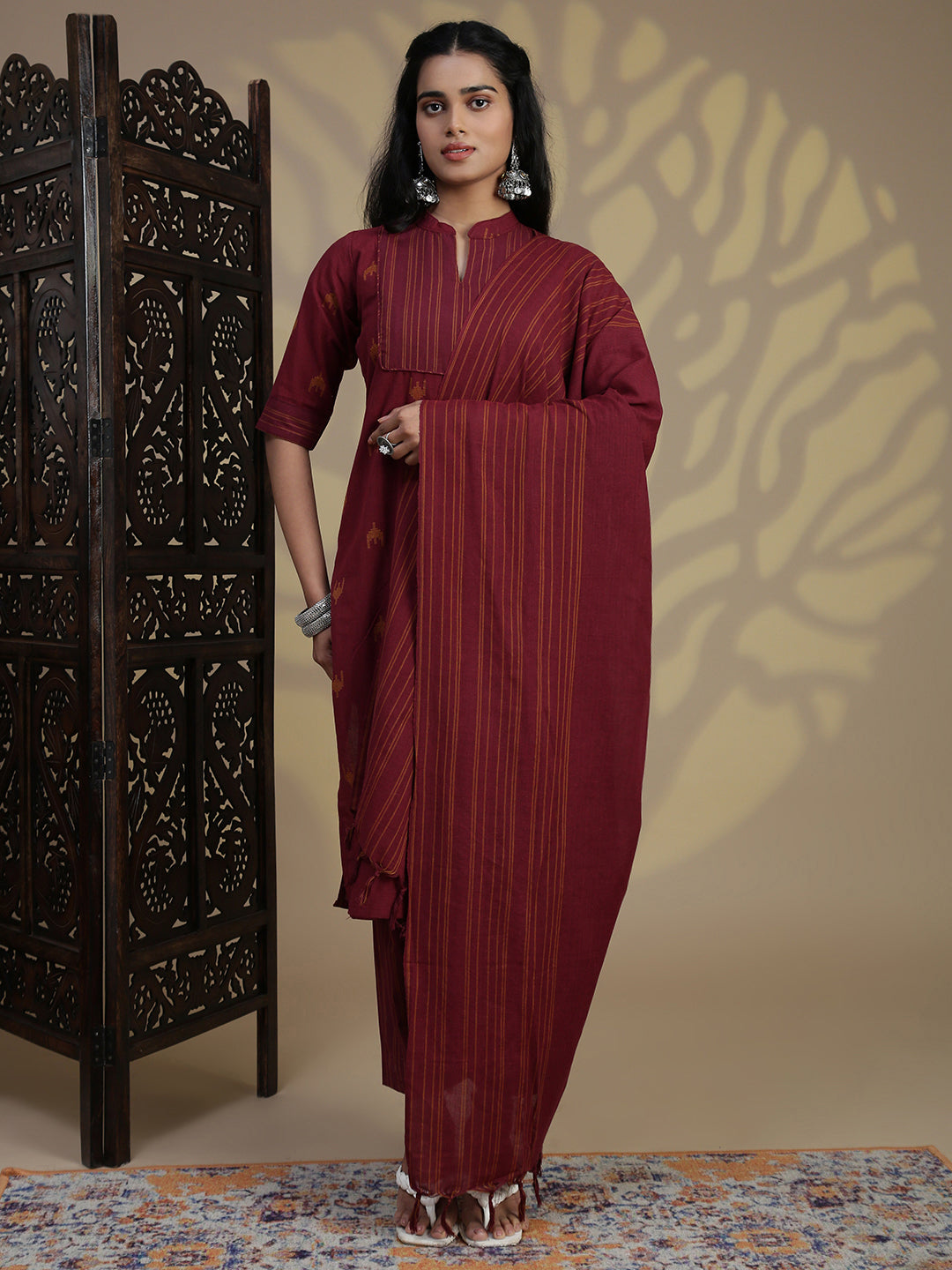 Women Cotton Maroon Stripes Design Kurti Set EKS95