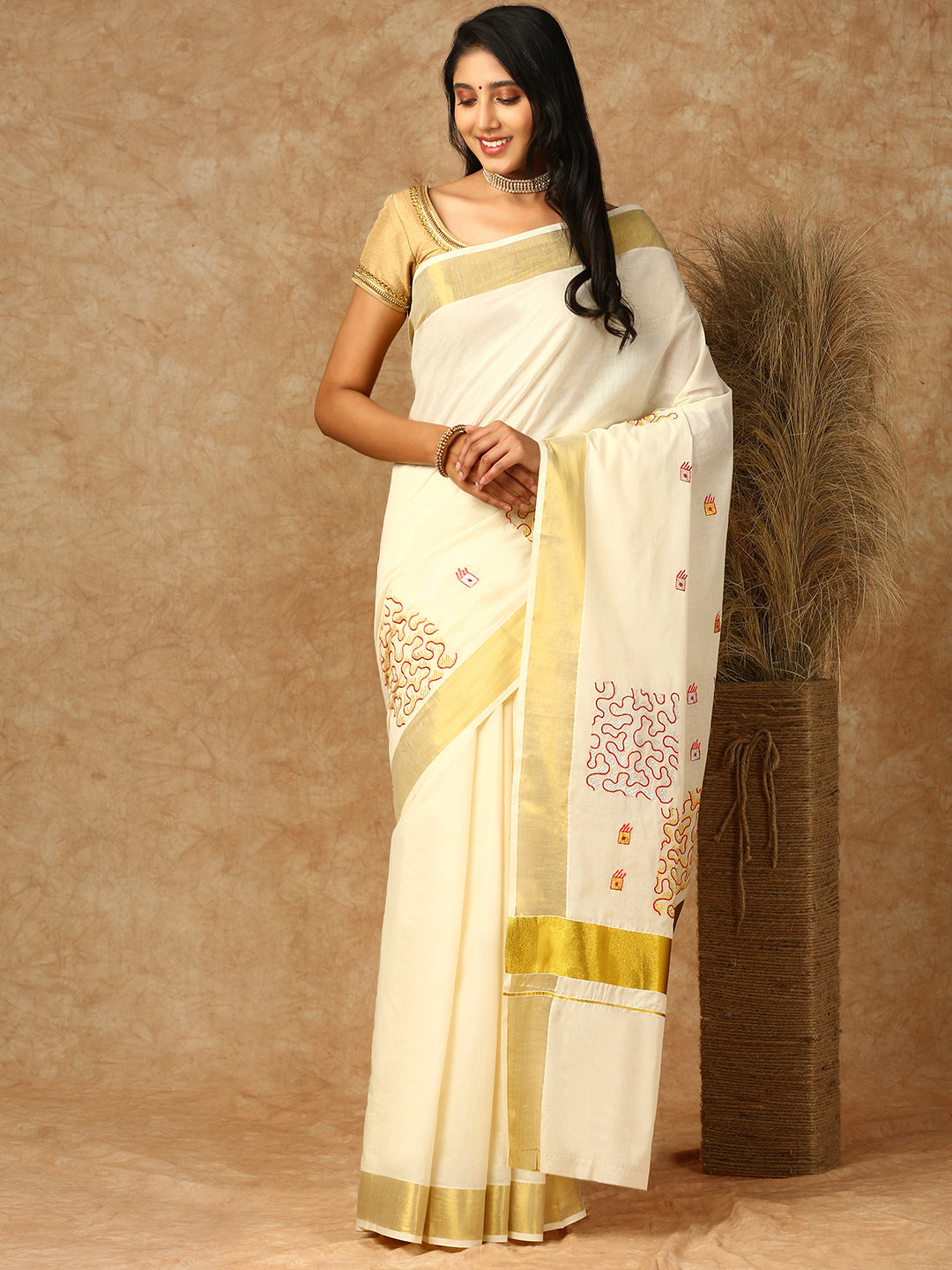 Women Kerala Cream Tissue Printed Saree KS152