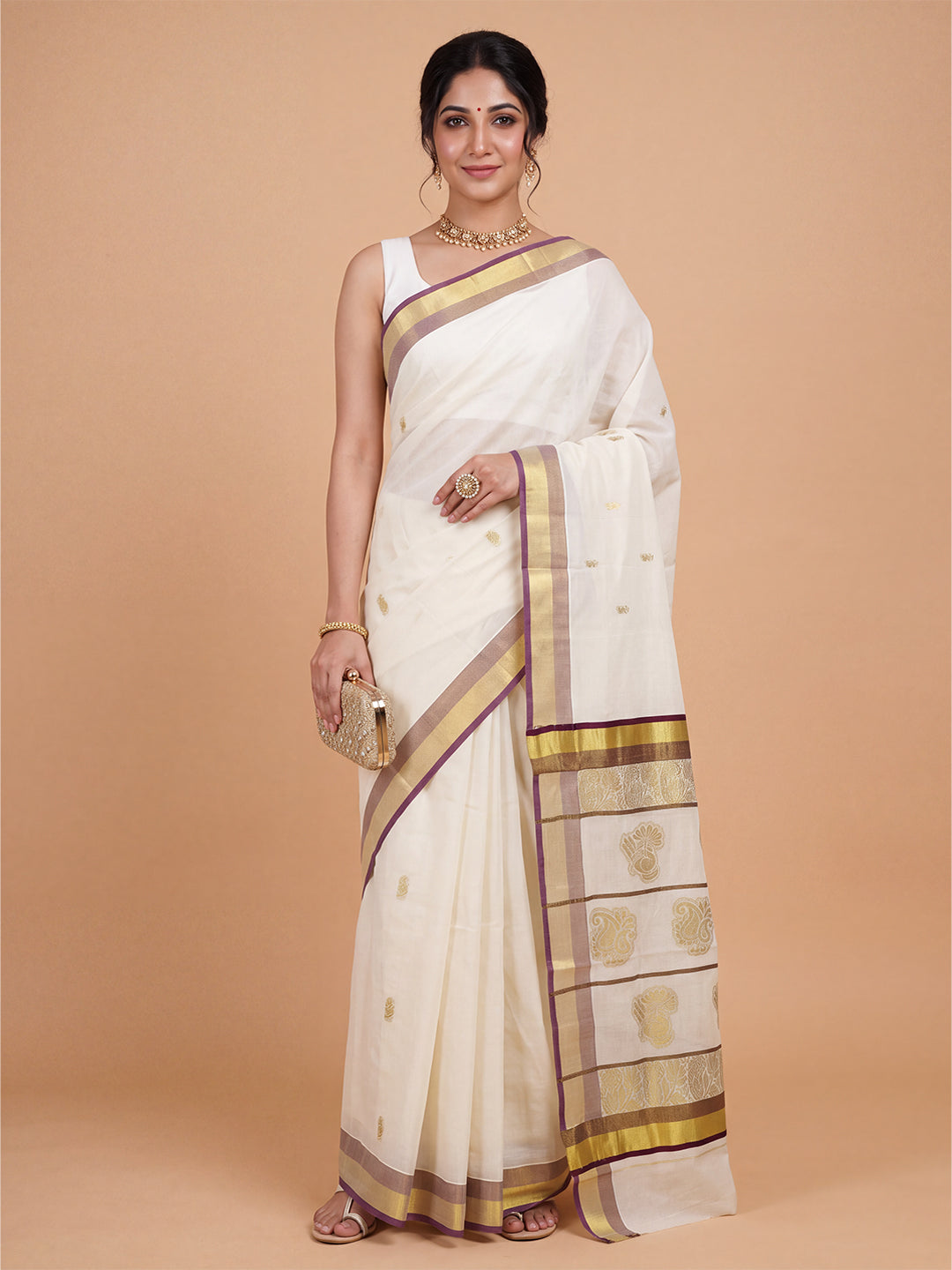 Women Kora Cotton Cream Embroidered Saree with Gold Jari KLS43