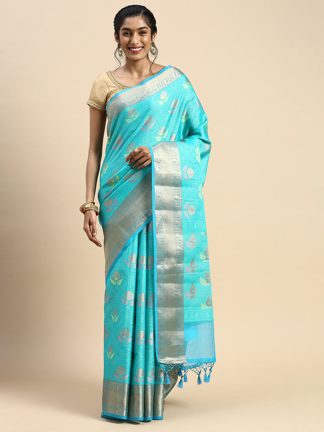Semi Kora Cotton Allover Design Saree Green & Sky Blue with Zari Border SKCW06