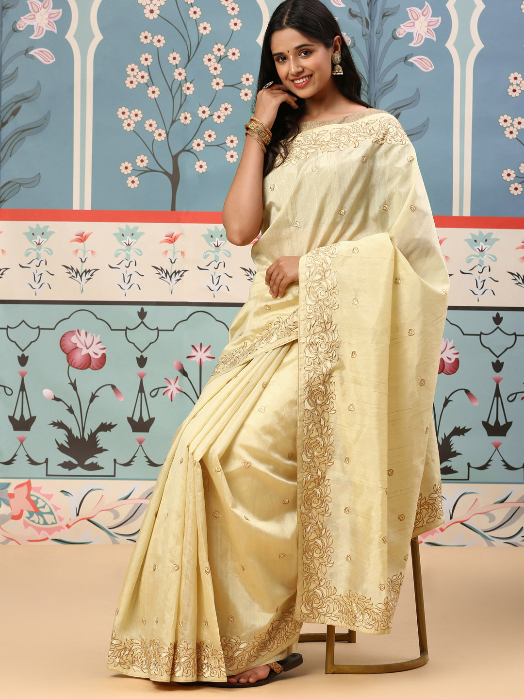 Women Semi Tussar Embroidery Saree Yellow ST143