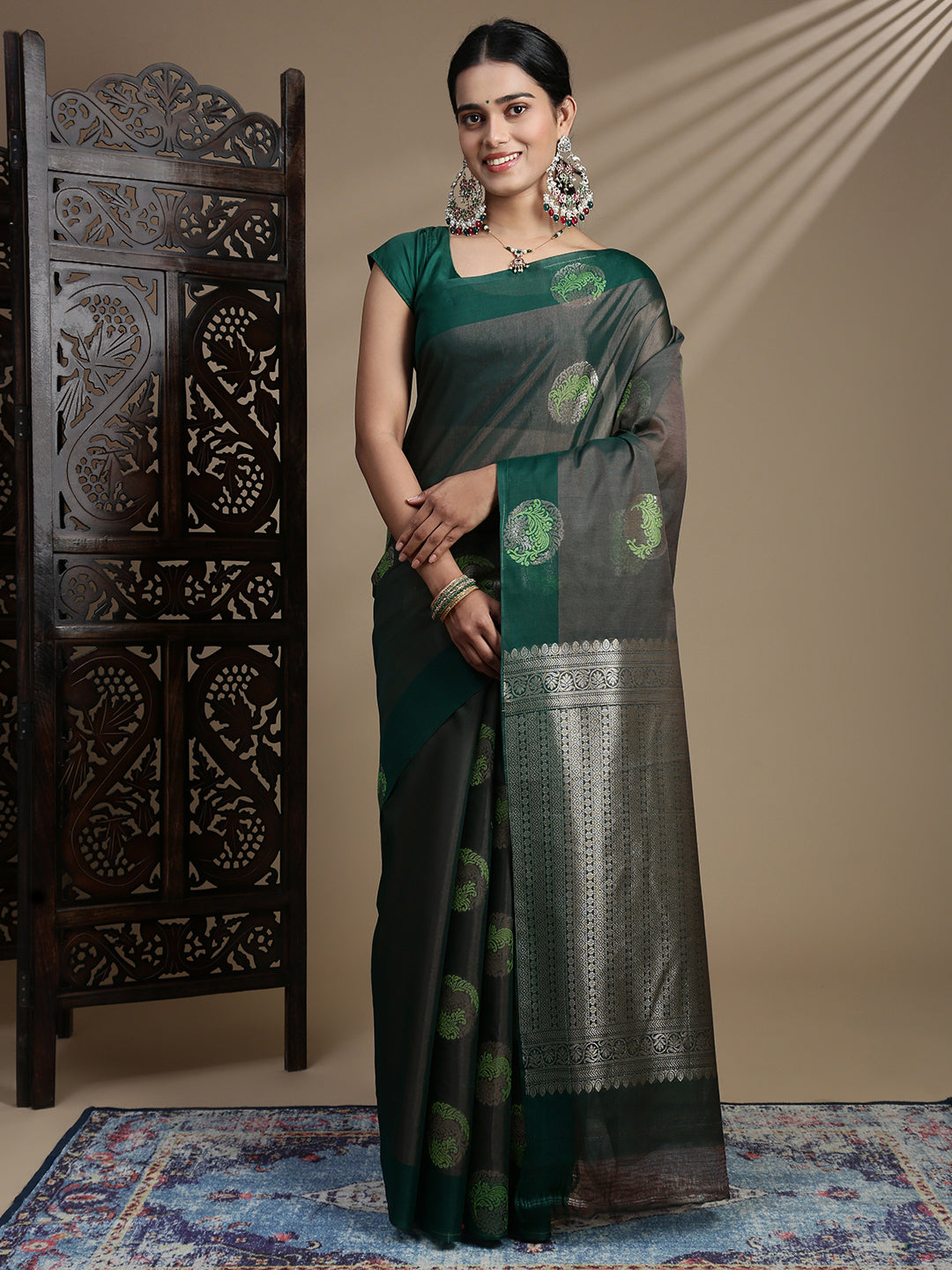 Women Green Semi Kora Cotton Saree SK117