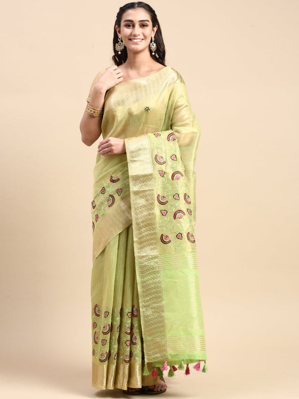 Womens Semi Linen Green Floral Printed Embroidery Saree SLPE05