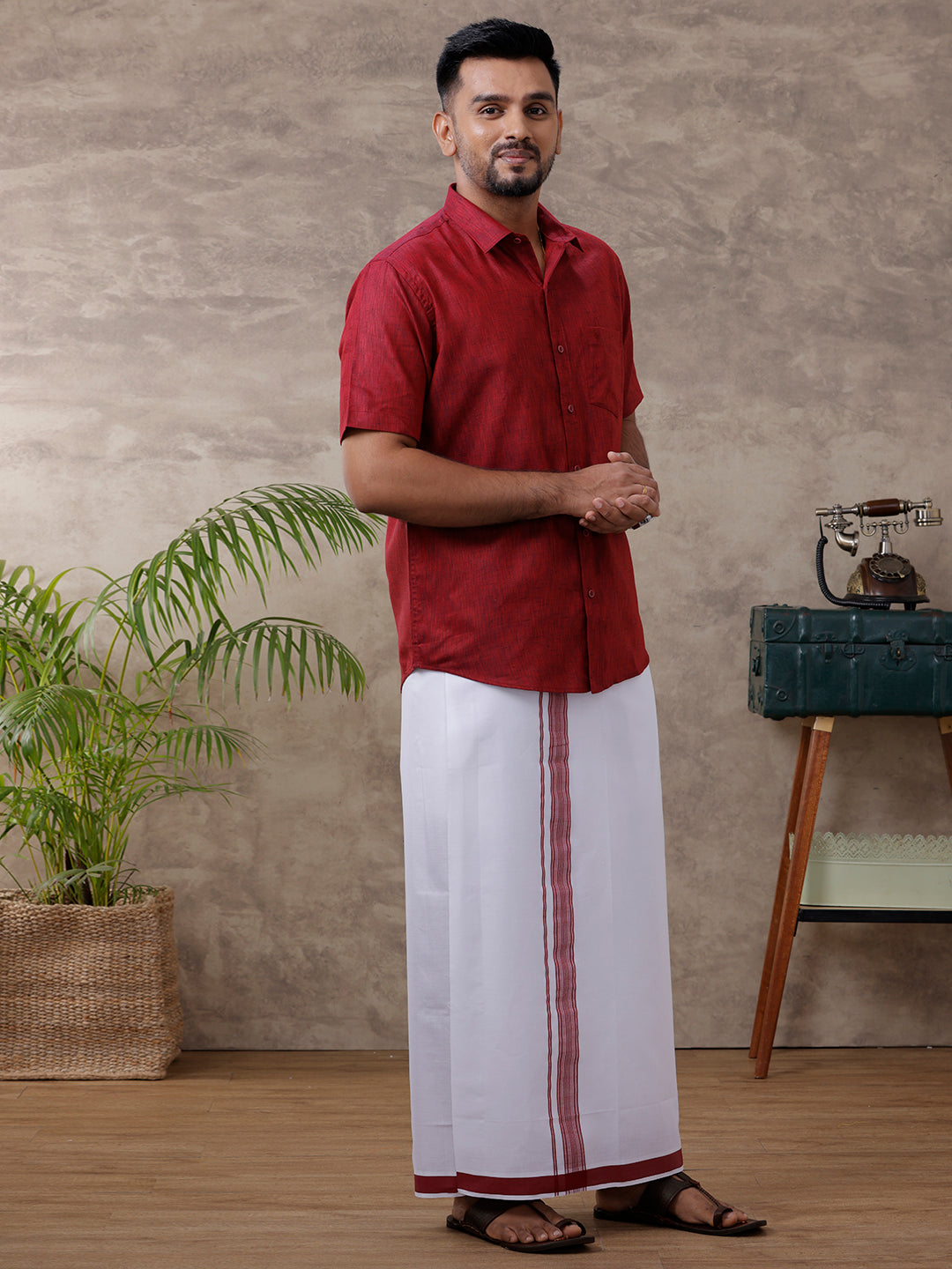 Men Matching Border Dhoti & Half Sleeves Shirt Set Maroon C81