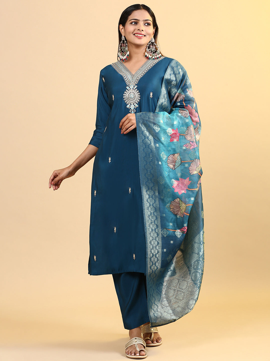 Womens Cotton Embroidered Kurti Sets Blue EKS18