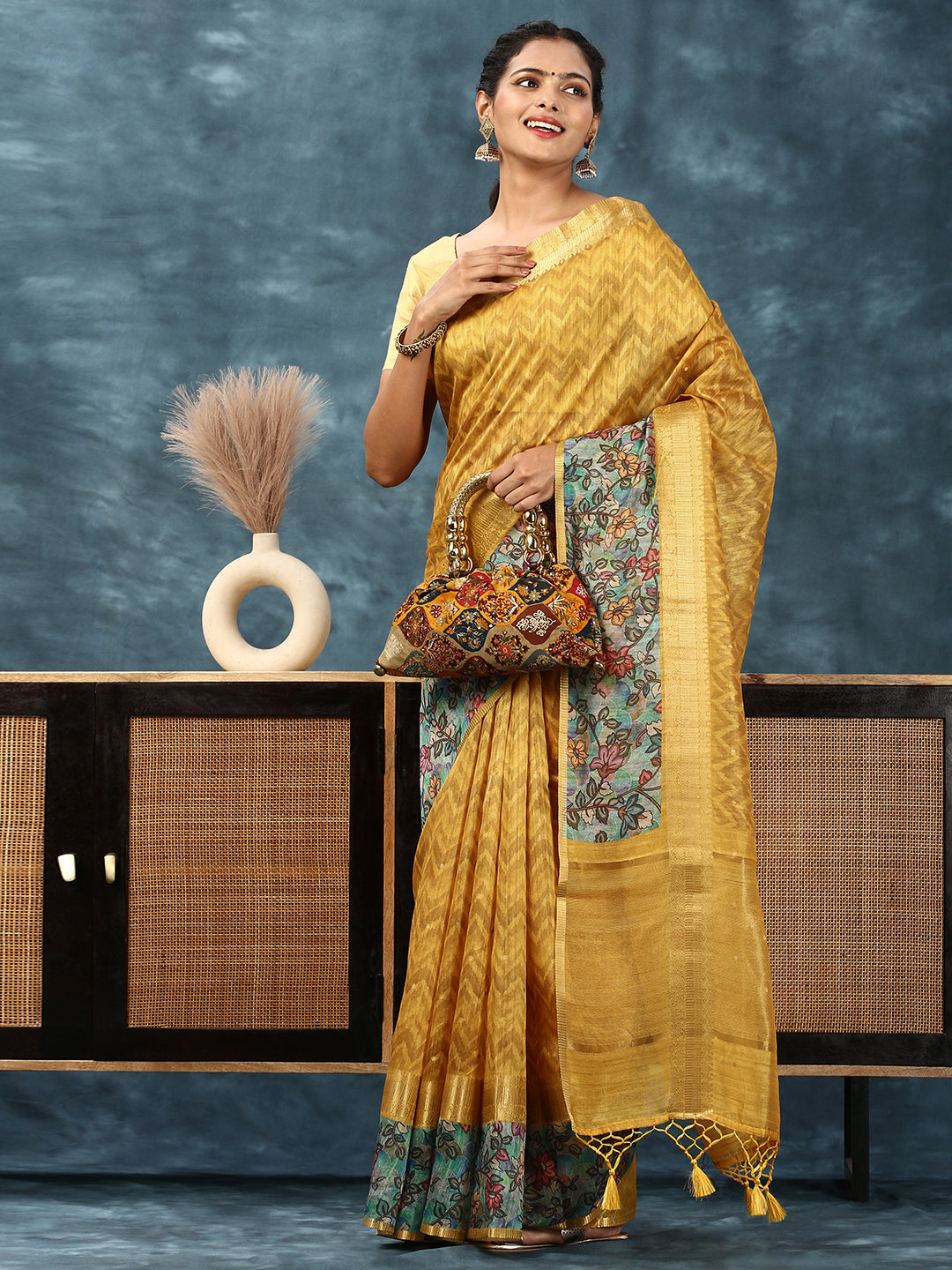 Women Semi Tussar Printed Saree Yellow ST165