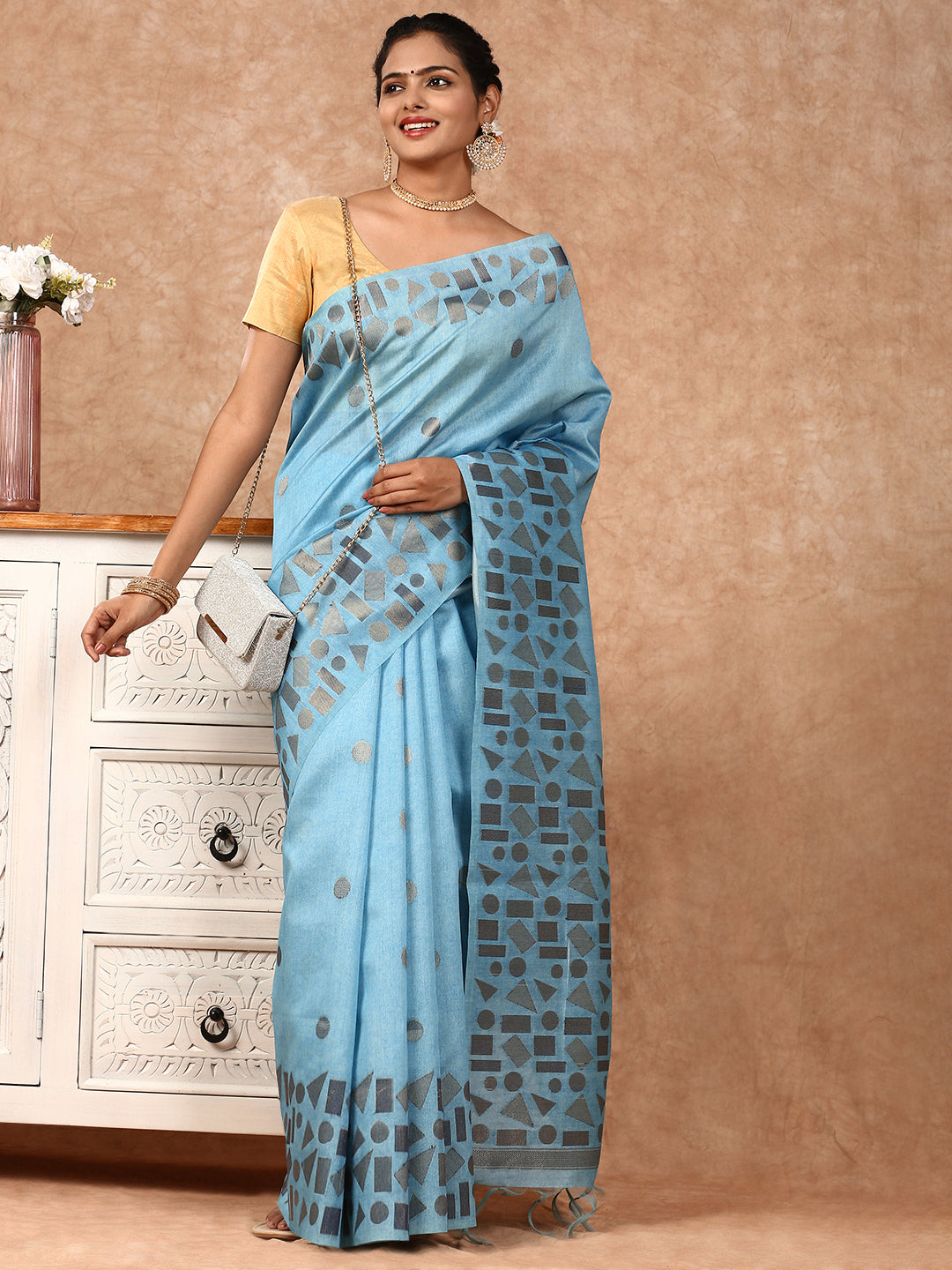 Women Semi Tussar Weaving Saree Blue ST151