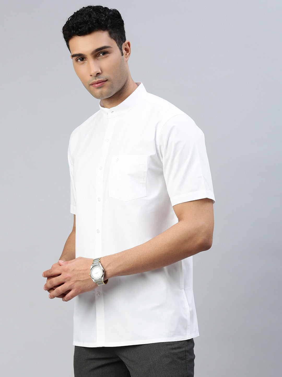 Mens Grand Look 100% Cotton Chinese Collar White Shirt