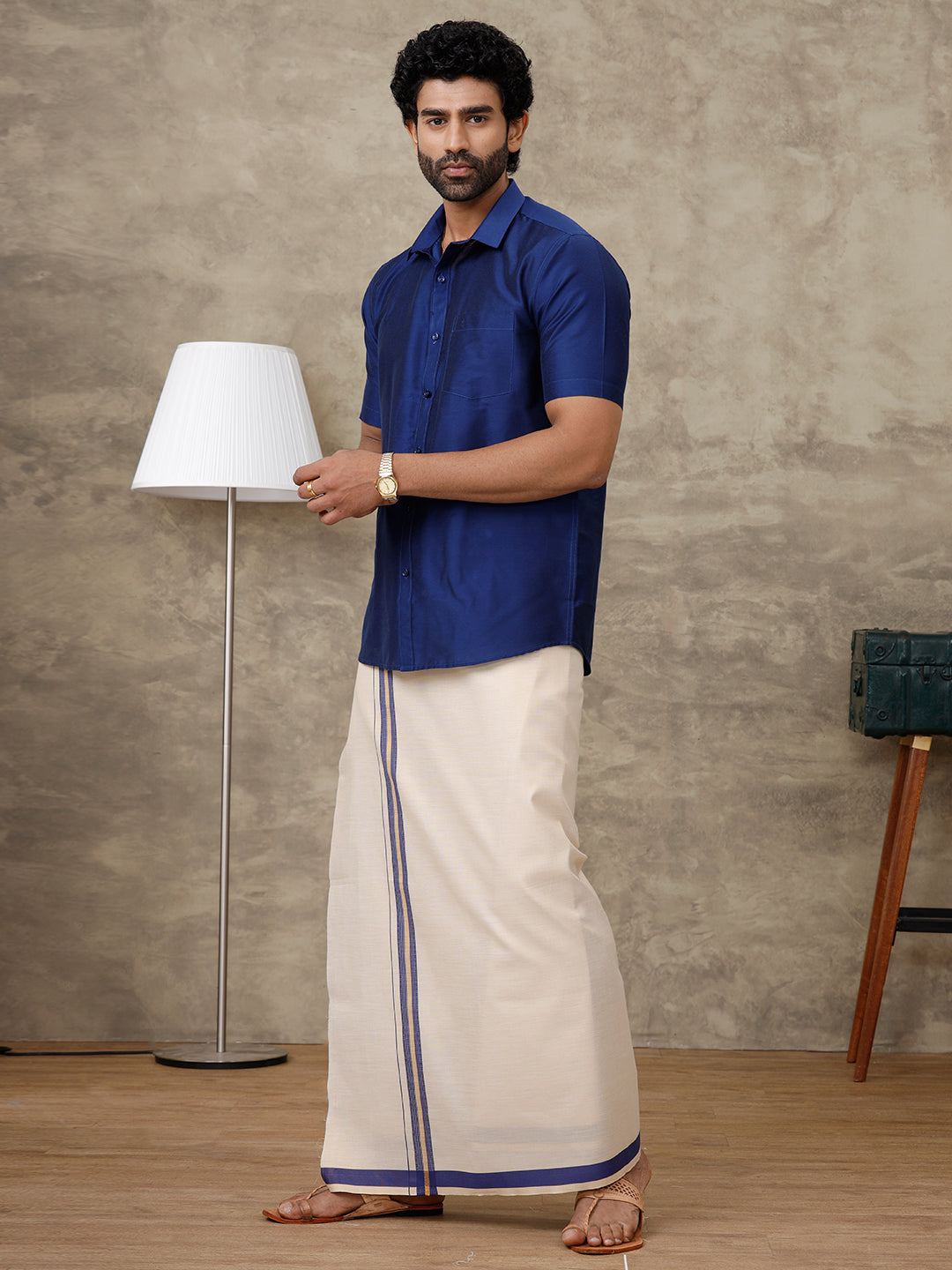 Men Blue Silk Cotton Shirt With Matching Border Tissue Dhoti Set CCB Fortune