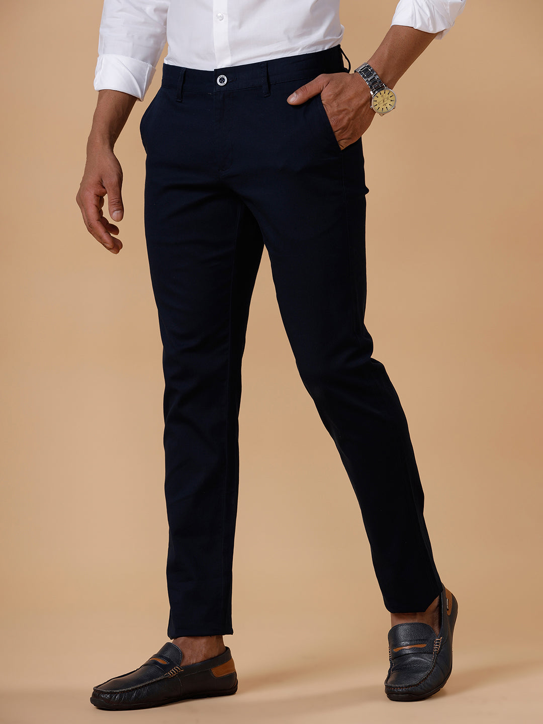 Men Cotton Smart Fit Navy Stretch Pant Zurich Plus