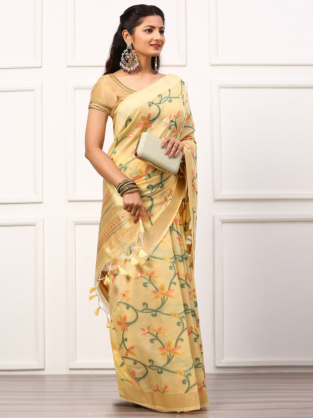 Womens Semi Silk Saree Yellow SS243