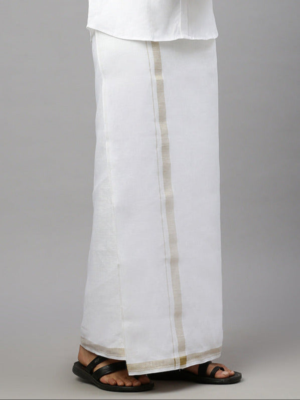 Men Pure Linen Fancy Border Double Layer Dhoti Cream