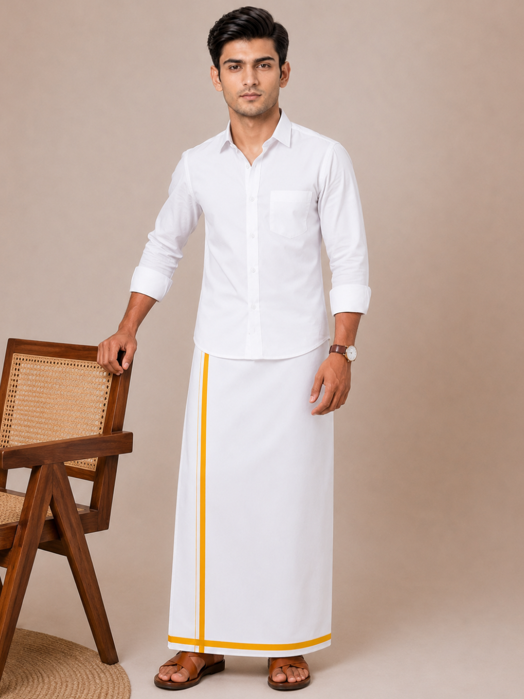 Men 100% Cotton Single Layer Small Border Dhoti Pavan PV02