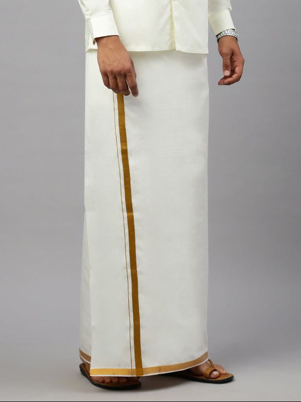 Men 100% Cotton Double Layer Cream Dhoti with Gold Jari Border Vetha