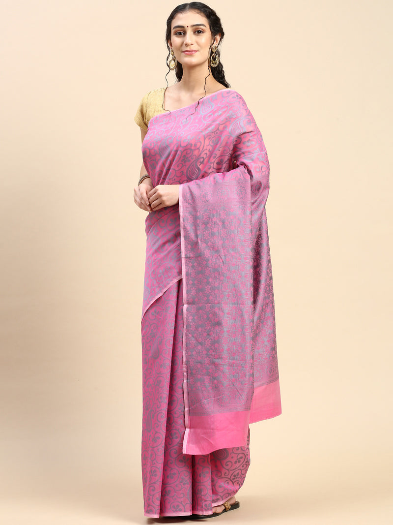Stylish Grey & Pink Leaf Design Semi Kora Cotton Saree SK85