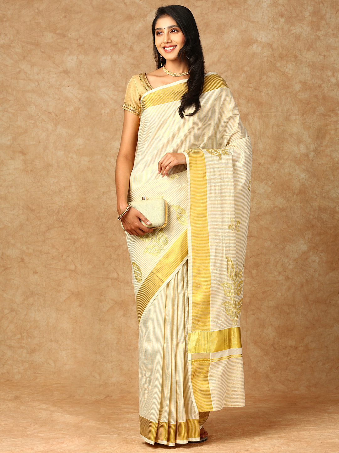 Women Kerala Cream Striped Saree KS156