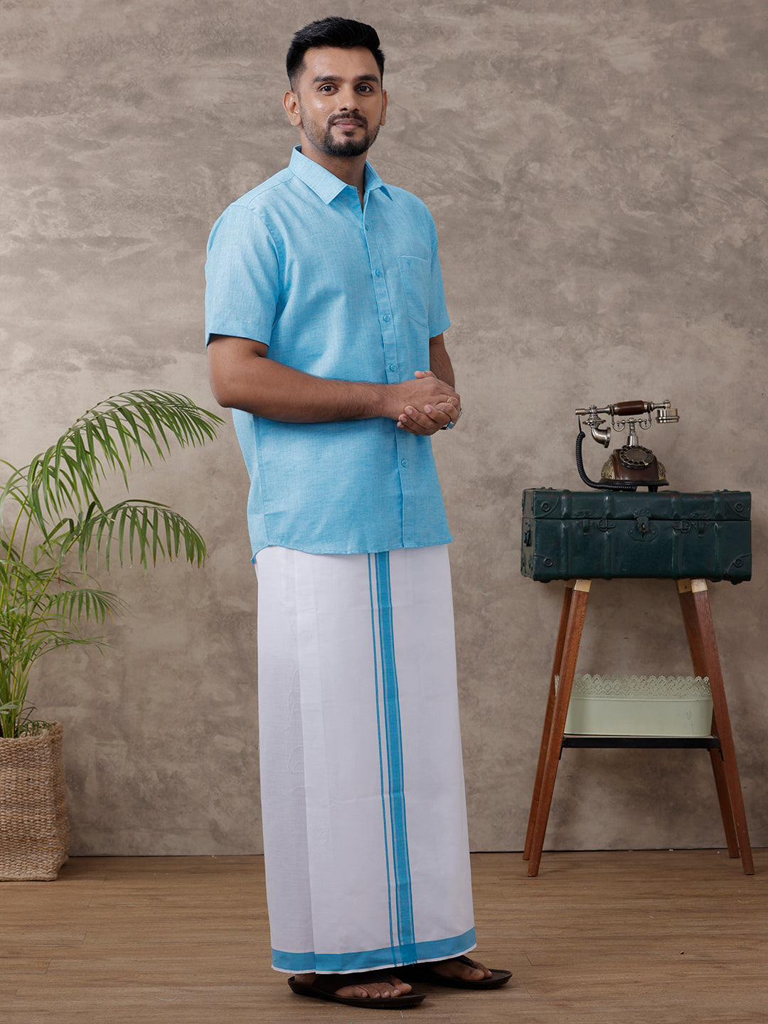 Mens Matching Border Dhoti & Half Sleeves Shirt Blue C11