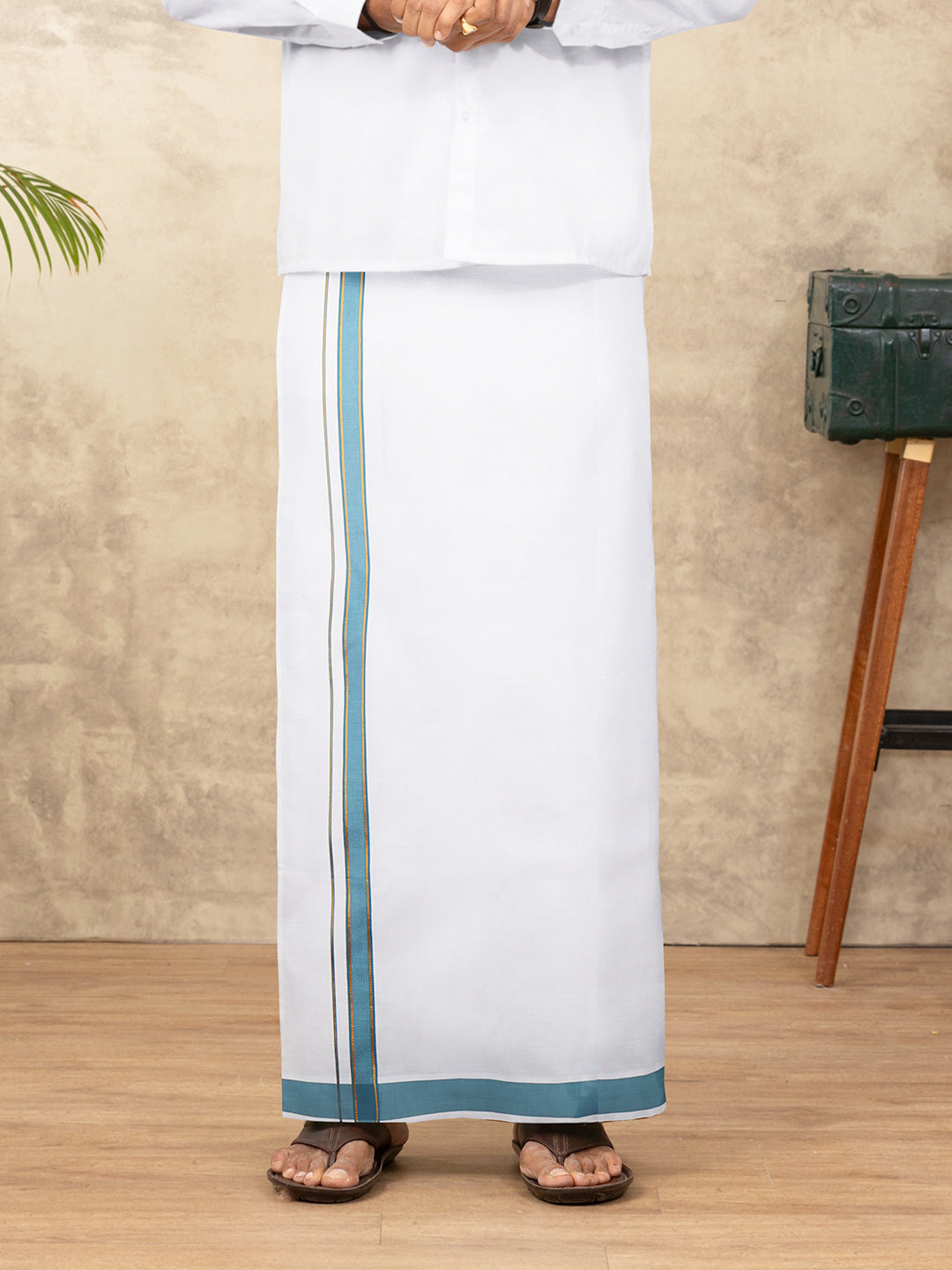 Men Cotton Blend Readymade Single Layer White Dhoti with Fancy Jari Border GACJ37