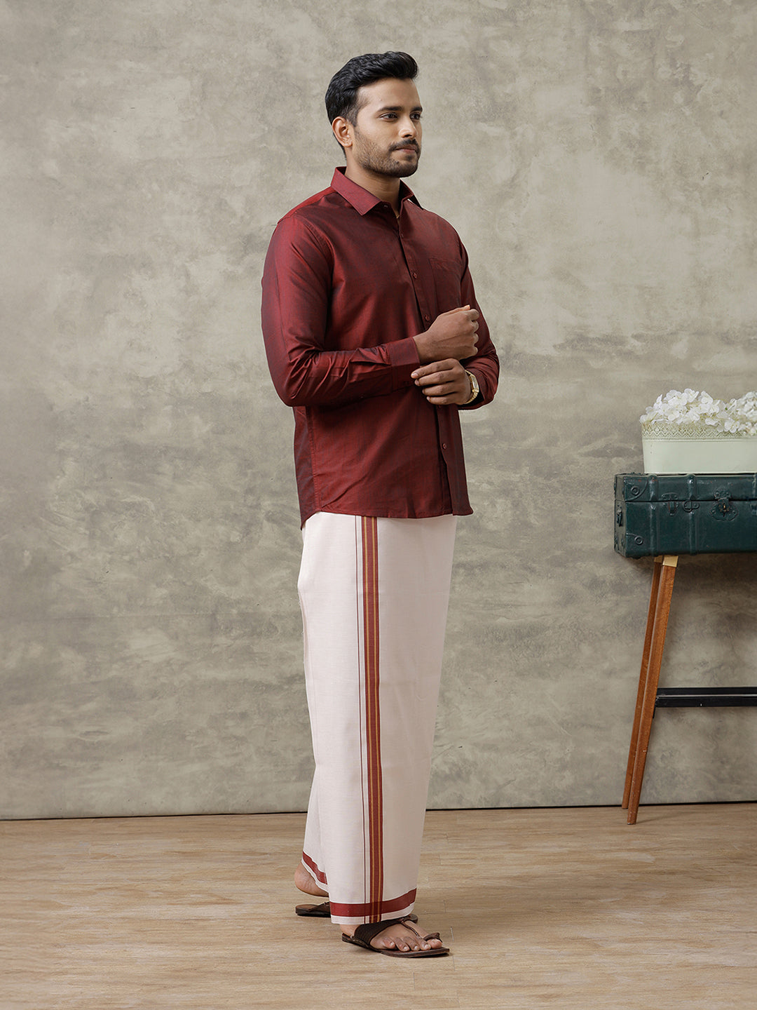 Men Cotton Blend Maroon Shirt and Tissue Dhoti Set VB7