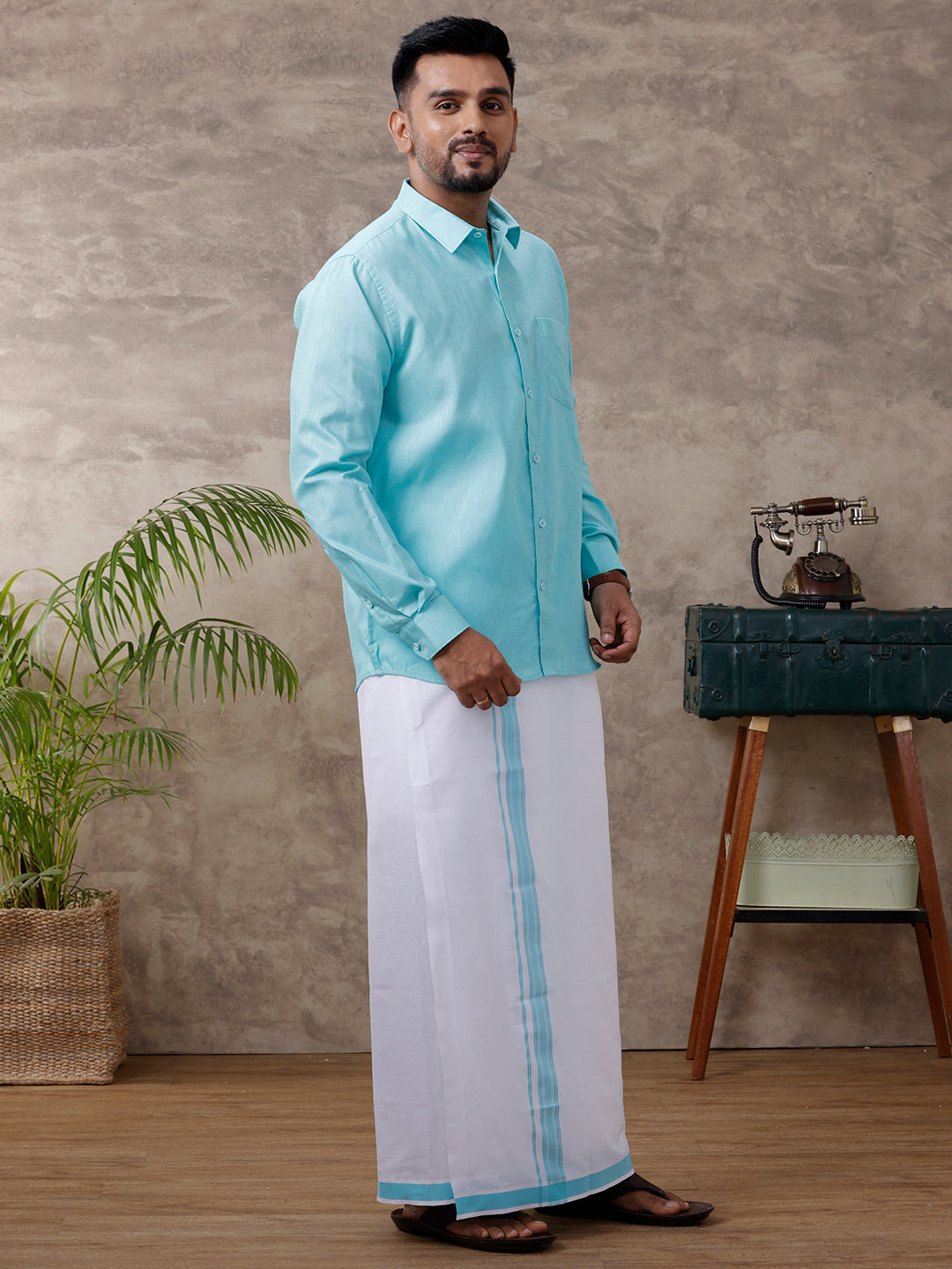 Mens Matching Border Dhoti & Shirt Set Full Blue C50