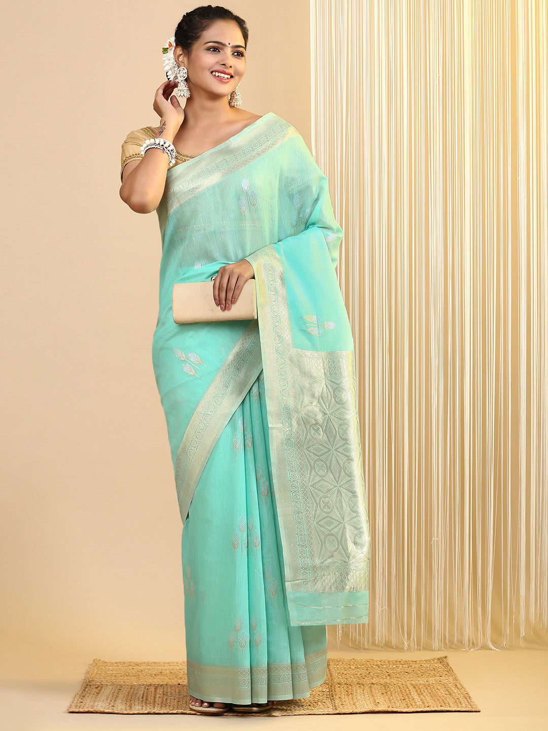 Women Semi Linen Weaving Saree Green SL142