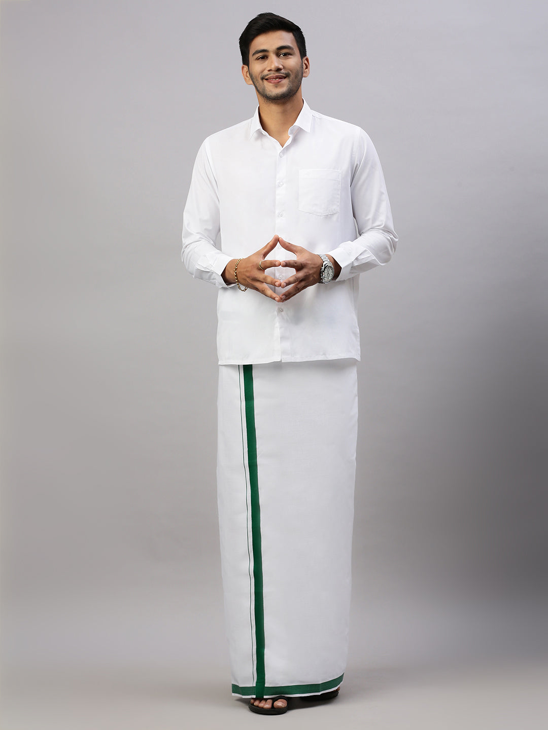 Mens  White Shirt with Single Layer Dhoti Green Combo WS04