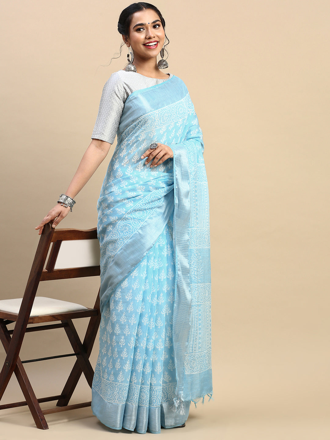 Womens Elegant Blue Flower Printed with Silver Jari Pure Cotton Saree PCS66