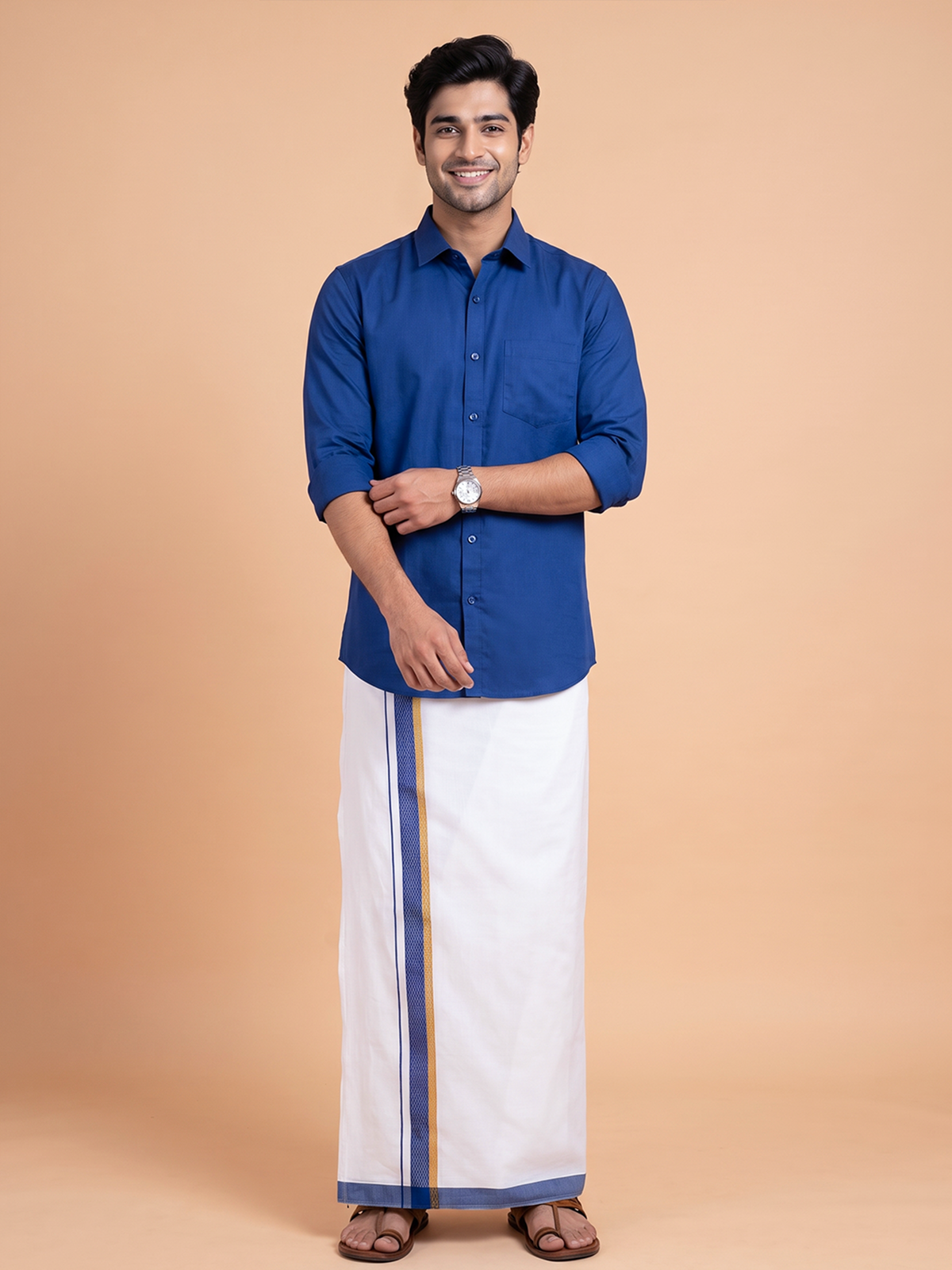 Double Layer Cotton Blend White Dhoti With Fancy Gold Jari Border TGJF08